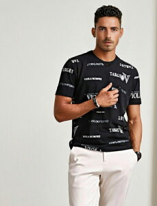 イケオジ ちょいワル おしゃれ 40代 50代 メンズ ファッション Tシャツ メンズ 半袖 ブランド おしゃれ 白T トップス カットソー インナー Vネック 総柄 ロゴ プリント エンブレム 細身 白 黒 LUX