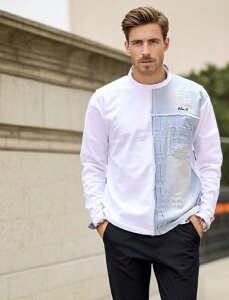 ロンT メンズ 40代 長袖 長袖Tシャツ ブランド おしゃれ 大きいサイズ クルーネック デニム 切り替え ポケット ロゴ 刺繍 ダメージ加工 綿100% ゆったり ストレッチ 白 黒 M L LL XL LUXE/R ラグジュ