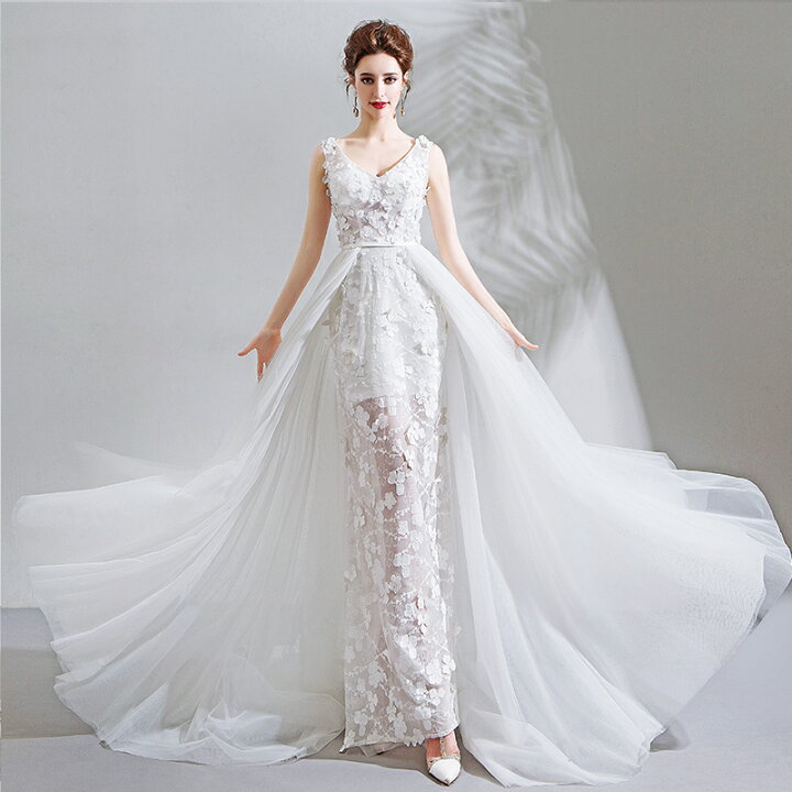 楽天市場】ウェディングドレス白 Aラインドレス Vネック ロングドレス  