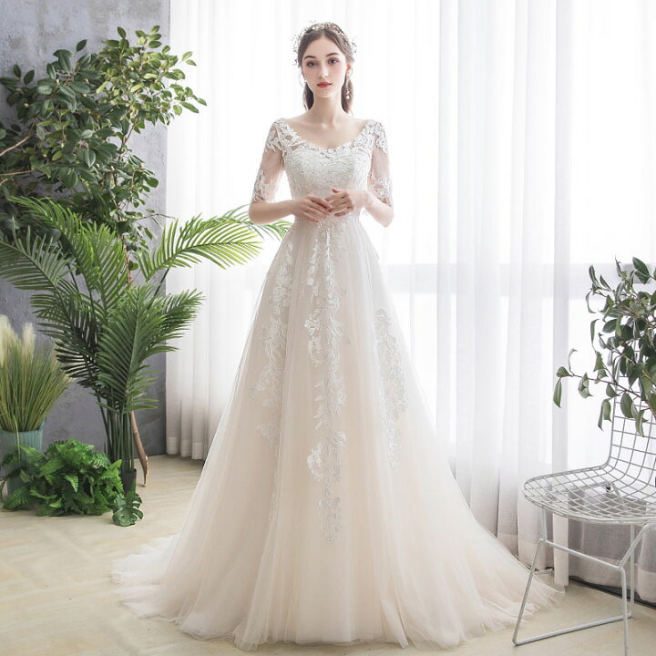 楽天市場 ウェディングドレス リゾート ブライダル ロングドレス 前撮り シンプル ワンピース 花嫁 二次会 海外挙式 大人 上品 復古 後撮り 海外旅行 フォト 七分袖 五分袖 ウエディングドレス ピアノ 発表会 披露宴 結婚式 演奏会 発表会 トレーン パーティードレス