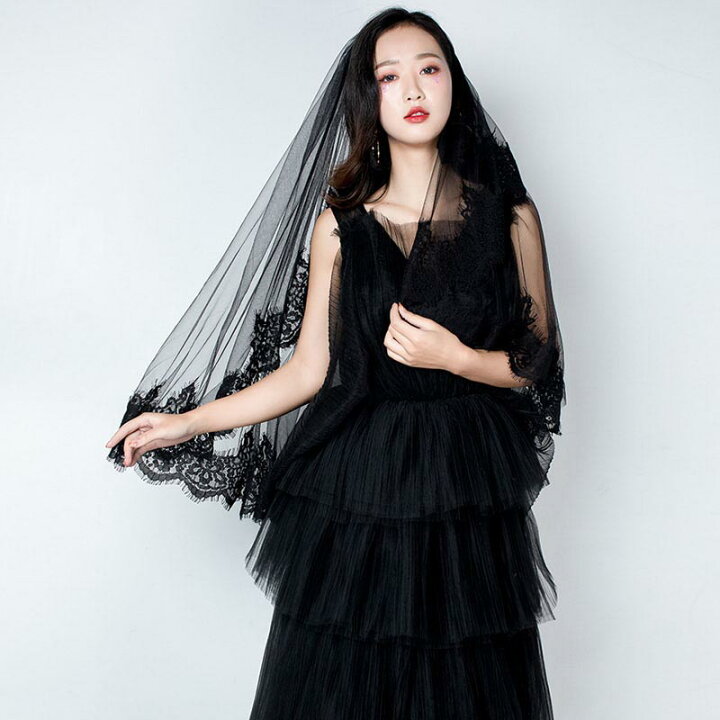 楽天市場 刺繍付きベール 妖精の物語 ブラックベール ウェディングベール ゴシック セミロング 結婚式 コスプレ 舞台 セクシー 魔女系 可愛くて魅力的 個性的なベール Schik