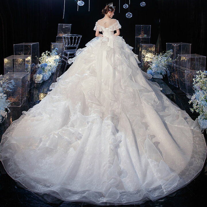 楽天市場 ウェディングドレス ブライダルドレス フォーマル 可愛い花嫁ドレス フリルボリュームドレス ロングトレーン 袖あり ウエディングドレス 結婚式披露宴演奏会ドレス 海外挙式 旅行海撮影ワンピー Schik