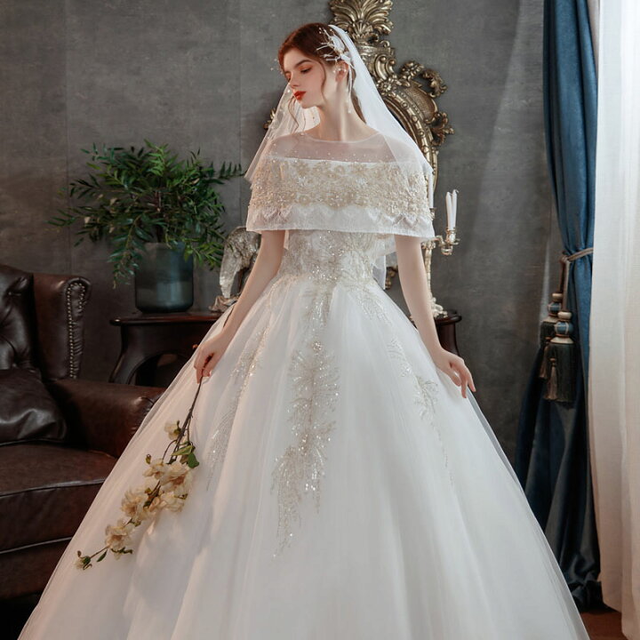 ウェディングドレス 袖あり オフショルダー ブライダルドレス 花嫁ドレス 