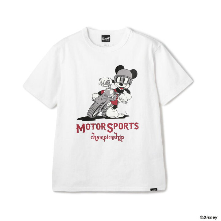 楽天市場 Sale Schott ショット 公式通販 バイクに乗り レースを楽しむcoolなミッキーマウス Disney ディズニー Motor Sports Chmpionship モータースポーツチャンピオンシップ 半袖tシャツ ティーシャツ コラボ ミッキー セール品につき交換 返品不可 Schott