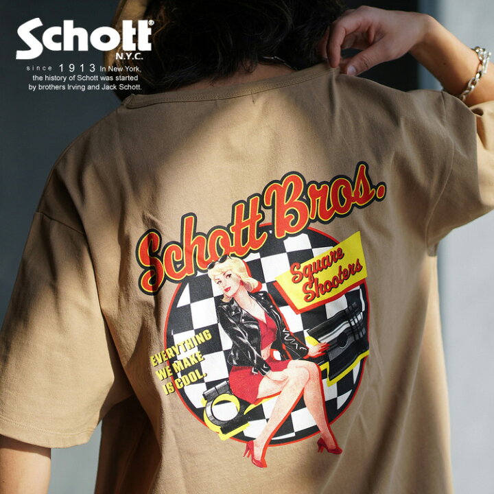 楽天市場 Schott ショット 公式通販 オンライン Depot限定 Ss T Shirt Riders Lady ライダースレディー Tシャツバックプリント ピンナップガール レトロポップ チェッカー柄 ブラック ホワイト ベージュ 黒 白 Schott