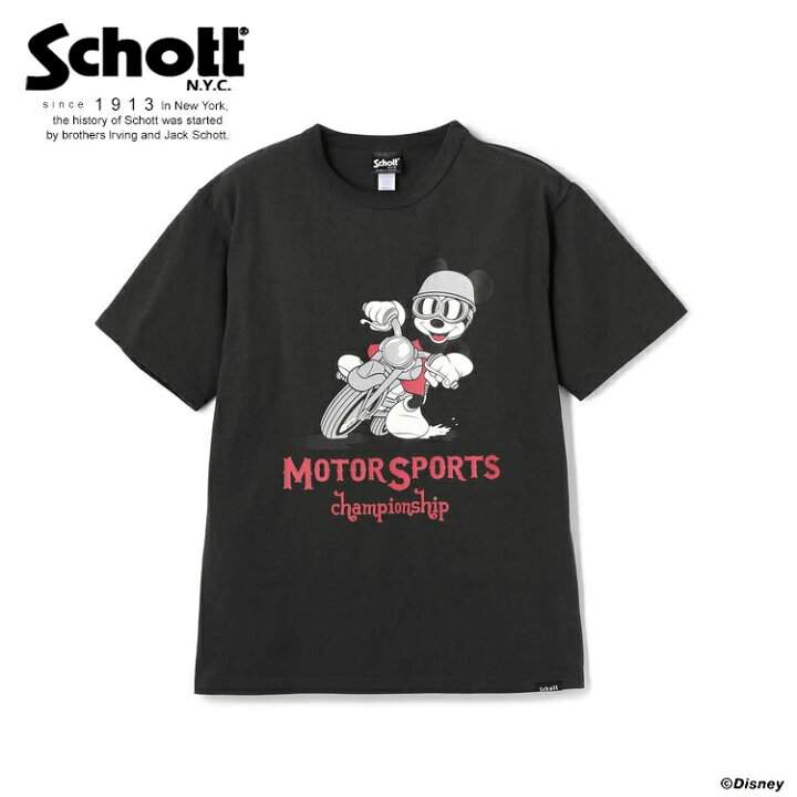 楽天市場 Sale Schott ショット 公式通販 バイクに乗り レースを楽しむcoolなミッキーマウス Disney ディズニー Motor Sports Chmpionship モータースポーツチャンピオンシップ 半袖tシャツ ティーシャツ コラボ ミッキー セール品につき交換 返品不可 Schott