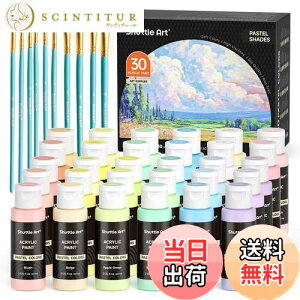 【送料無料】Shuttle Art アクリル絵の具 パステルカラー 30色 絵の具セット 60ml ペイントブラシ10本付き かわいい 柔らかい色調 キャンバス/石/木/ガラス/セラミックに描ける 絵具 画材セット