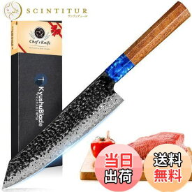 【送料無料】KyushuBlade 包丁 剣型（切付型）牛刀包丁 ダマスカス包丁 刃渡り210mm. プロ用三徳包丁, キッチン用万能包丁. 手打ち鍛造シェフナイフ, 槌目 ダマスカス模様 両刃包丁 左利き用, 錆びにくい67層の高炭素ステンレス鋼 料理包丁. 人間工学に基づいた八角形のロー