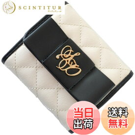 【送料無料】[SecretDoor] 三つ折り財布 ミニ財布 小さい カード ボックスコイン お札入れ リボン ロゴ バイカラー パイピング キルティング 色：アイボリー、サイズ：小型 (Compact)