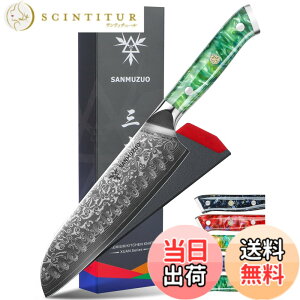 �y���������zSANMUZUO Santoku Knife - 7 inch - Xuan Series - VG10 Damascus Steel Kitchen Knife - Resin Handle (Jade Green)