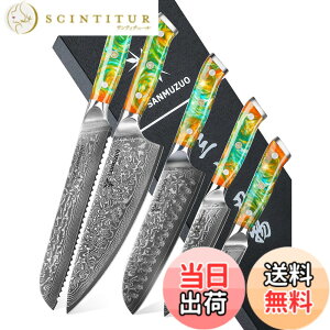 �y���������zSANMUZUO Chef Cooking Knives Set- Kitchen Knife Set of 5 Piece - Ultra-Sharp VG10 Damascus Steel & Resin Handle - Xuan Series (Fantasy Orange)