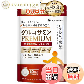 【送料無料】【大容量60日分・医師監修】グルコサミン PREMIUM 国内製造 プロテオグリカン コンドロイチン ヒアルロン酸 膝 関節 サプリ 非変性2型コラーゲン MSM カルシウム 鶏軟骨エキス MSM 大豆たんぱく プロテイン ビタミンD 栄養機能食品 Fuji Wellness
