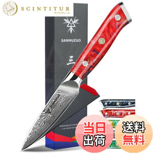 �y���������zSANMUZUO 3.5 Inch Paring Knife - Kitchen Fruit Vegetable Knife Damascus Steel & Resin Handle - XUAN Series (Sunset Red)