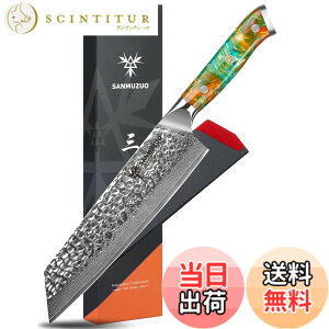 "�y���������zSANMUZUO 8.5"" Kiritsuke Knife - Professional Kitchen Chef Knife - Hammered Damascus Steel & Resin Handle - YAO Series"