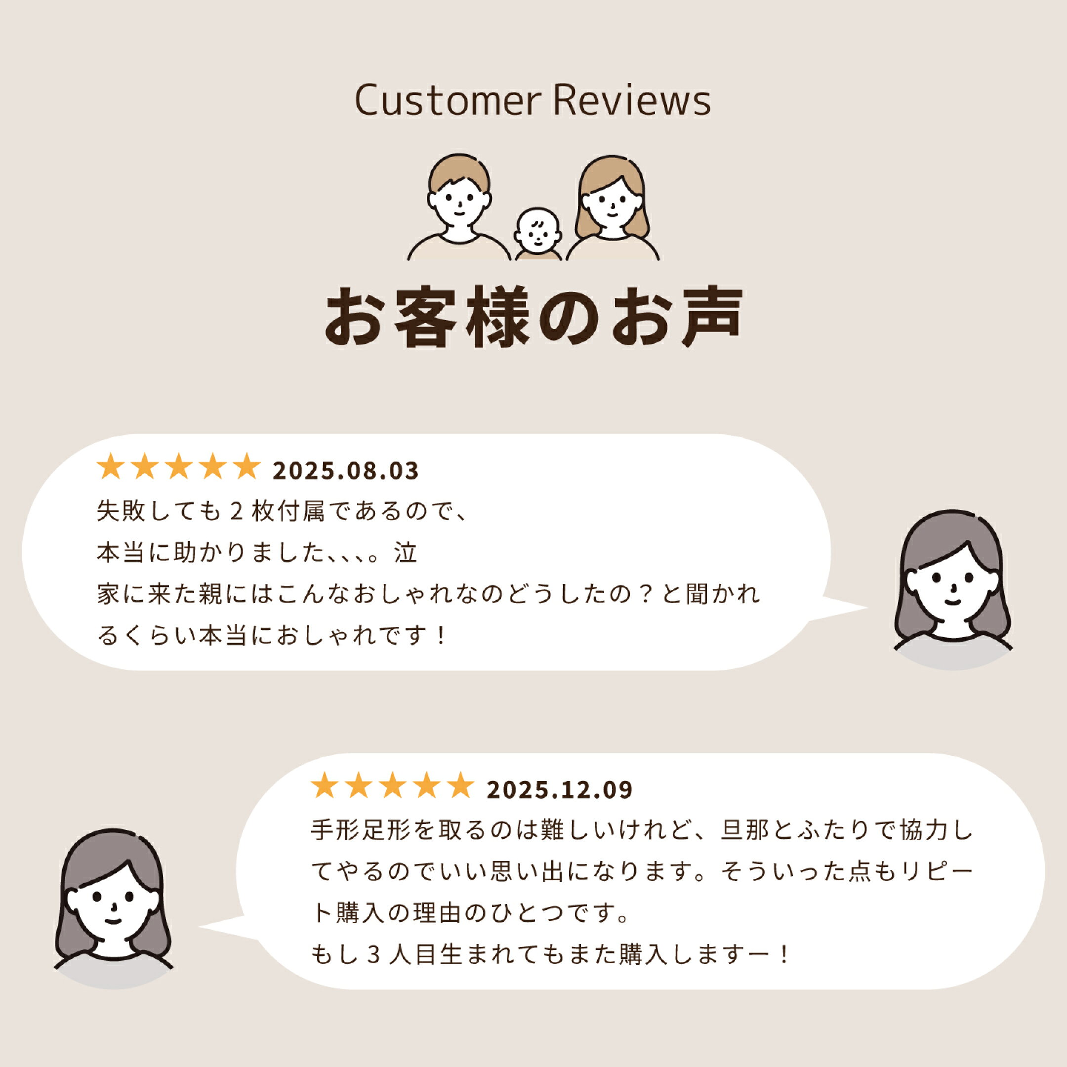 お客様のお声。2枚セットで失敗しても助かった、親にもおしゃれと驚かれたという声と、夫婦で協力して手形足形をとるのが思い出でリピート購入したという★5レビュー