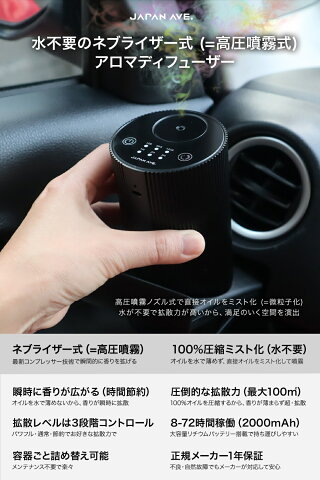 楽天市場 フレグランスディフューザー 車載 アロマディフューザー 車 オイル 芳香剤 噴霧式 ネブライザー式 水不要 コンプレッサー式 ディフューザー 静音 ミスト量調整 タイマー機能 Odoa オドア 詰め替え エッセンシャルオイル メーカー1年保証 ブラック