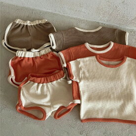 ベビー服 上下セット ベビー夏服 セットアップ 半袖Tシャツ＆ショーツセット コントラストカラー 縁取り ワッフル仕様 パジャマ ルームウエア ベビー 赤ちゃん 子供 夏用 涼しい 薄手 男女兼用 女の子 男の子 楽天海外通販
