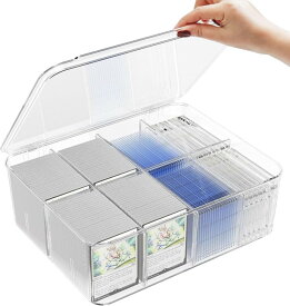 カードボックス トレカケース 透明ポケモンカードケース8コマ 蓋付きストレージボックス 取り外し可能仕切り板付き2000枚以上収納 ポケカケース 横入れ 縦入れ ポケカ/遊戯王/デュエマ/各種カードゲーム対応 大容量 (30.5長さ x 26幅 x 1