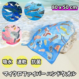 Oceanarium 海の生き物マイクロファイバーハンドタオル 80x50cm 全4デザイン 吸水 速乾 抗菌 硬くならないセームタオル ウミウシ マンボウ クジラ サメ オーシャナリウム