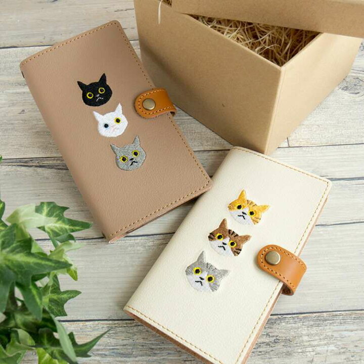 楽天市場】スマホケース手帳型 全機種対応 【 3匹の猫 】 刺繍 本革 