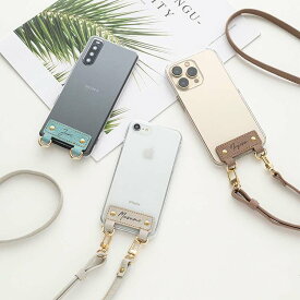 多機種対応 名入れタグ スマホケース 可変式ストラップ付 【 シュリンクレザー × クリア 】 文字入れ レザータグ クリア 肩掛け ショルダー 落下防止 iphone se3 iphone17 iPhone17 Pro iphone16e iphone16 Android 携帯ケース xperia AQUOS OPPO MMLM