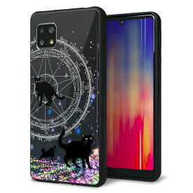 SoftBank AQUOS sense5G A004SH ケース カバー 背面 ガラス TPU デザイン ガラプリ 【YJ330 魔法陣猫 キラキラ 黒猫】 印刷 光沢 メール便送料無料