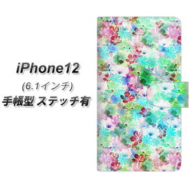iPhone12 手帳型 スマホケース カバー 【ステッチタイプ】【SC872 リバティプリント プレスドフラワー グリーン UV印刷】