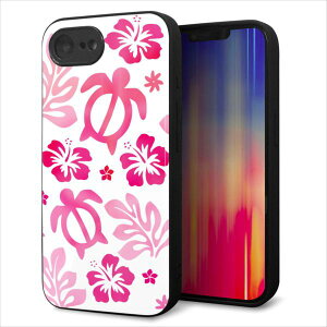 iPhone16e ケース カバー 背面 ガラス TPU デザイン ガラプリ 【SC879 ハワイアンアロハホヌ ピンク】 印刷 光沢 MMLM