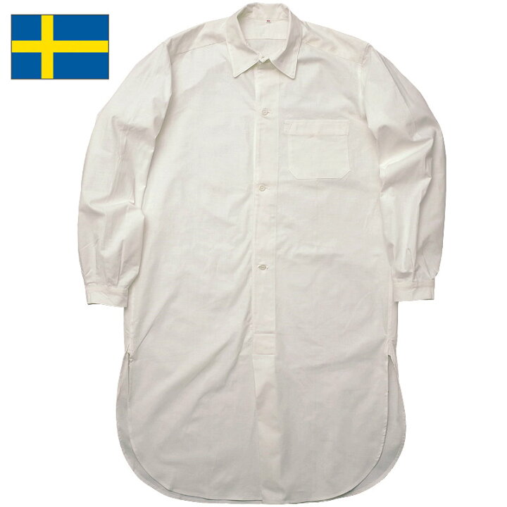 スウェーデン軍 グランパシャツ 4ボタン デッドストック ホワイト 長袖 スリーピングシャツ 白 ロング丈 メディカルプルオーバー メンズ  裾長 ロングスリーブ パジャマシャツ ラウンドボトム カジュアルシャツ SEABEES Military Mega Store
