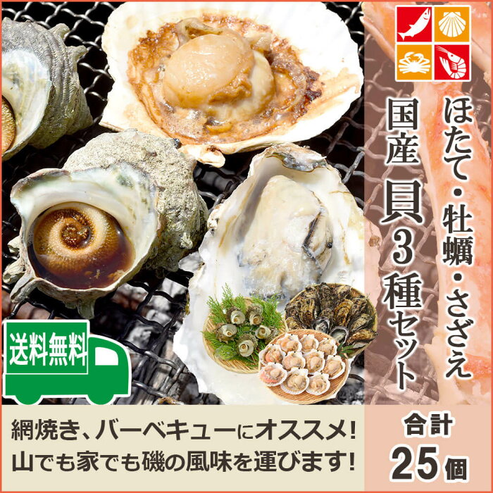 殻付き牡蠣ほたて片貝つぼ焼きサザエ海鮮バーベキューセット合計25個入送料無料さざえ牡蠣貝殻付きかきBBQ海鮮バーベキュー冷凍炭焼き海産物セット