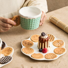 大容量 ビスケットマグカップ＆プレートセット｜陶器製・耐高温・軽量 マカロンカラー クッキー柄コーヒーカップ おしゃれでユニーク 誕生日プレゼントに最適