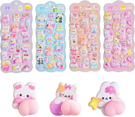 ぷにぷに 立体3Dシール 4枚セット かわいい動物キャラクター ご褒美ステッカー 手帳 ノート スマホデコ スクラップブック シール帳用 パステルカラー 子供・女の子向け 景品 プレゼント