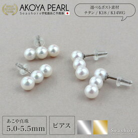 【8/4~8/11買いまわりでP最大10倍】 あこや真珠 ピアス 3連 ライン レディース 【5.0-5.5mm】チタン K18 K14WG 3珠 保管用ケース付 両耳用 アコヤ パール アクセサリー シンプル おしゃれ かわいい カジュアル プレゼント Seashore シーショア【送料無料】