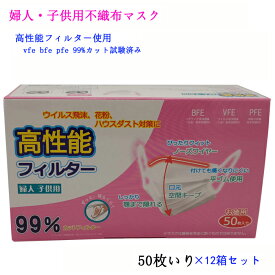 マスク 女性用 子供用 不織布マスク 小さめサイズ 50枚×12箱 3層構造 vfe bfe pfe 99%カット 高性能フィルター 使い捨てマスク 風邪 花粉 送料無料