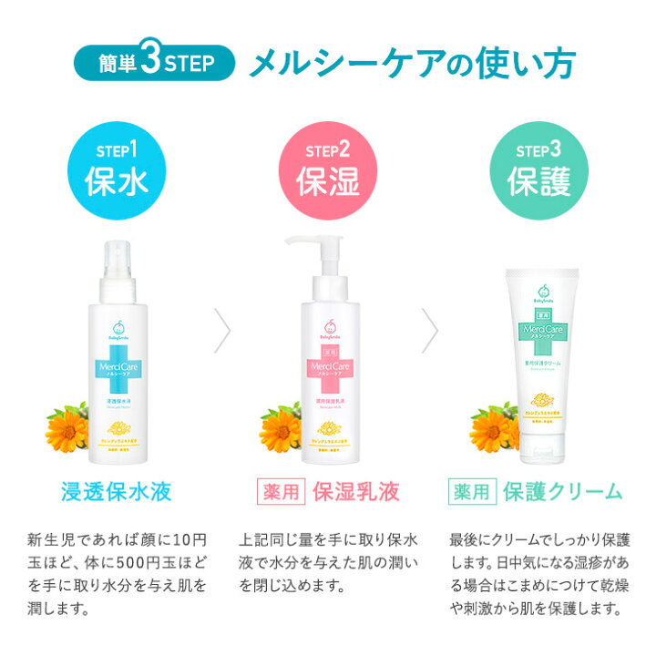 楽天市場 乳児湿疹 アトピーに 基本3点セット メルシーケア 保水 保湿 保護クリーム 薬用 送料無料 スキンケア ベビー 赤ちゃん 新生児 子ども 子供 乳液 0才 1才 2才 ミルクローション ベビーオイル 保湿クリーム ベビーローション ベビースマイルショップ