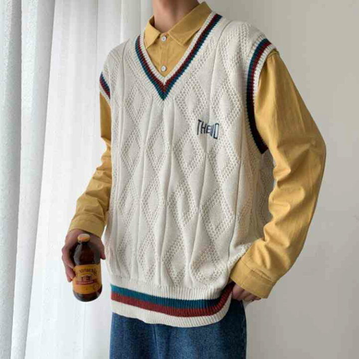 楽天市場】オーバーサイズ ニットベスト Vネック メンズ ライン入り  
