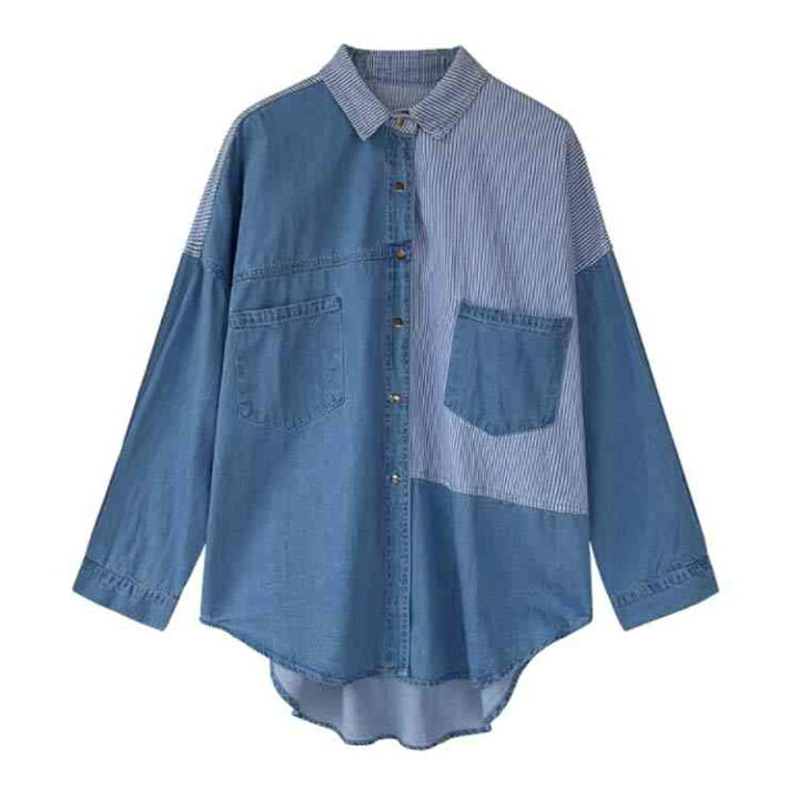 楽天市場 デニムシャツ レディース ブラウス 長袖シャツ ロング丈 切り替え ストライプ トップス ゆったり カジュアル 春秋物 着痩せ 人気 大きいサイズ お洒落 送料無料 Amoremio 楽天市場店
