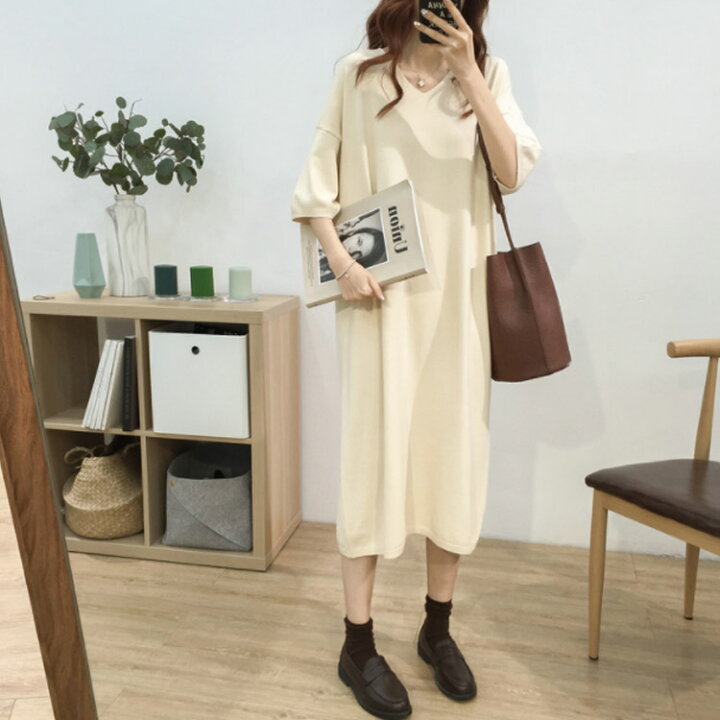 楽天市場 ニットワンピース 5分袖 Vネック レディース ロングワンピース マキシ丈 春夏 ワンピース シンプル 無地 着痩せ 春服 夏服 ストレート 体型カバー送料無料 Amoremio 楽天市場店