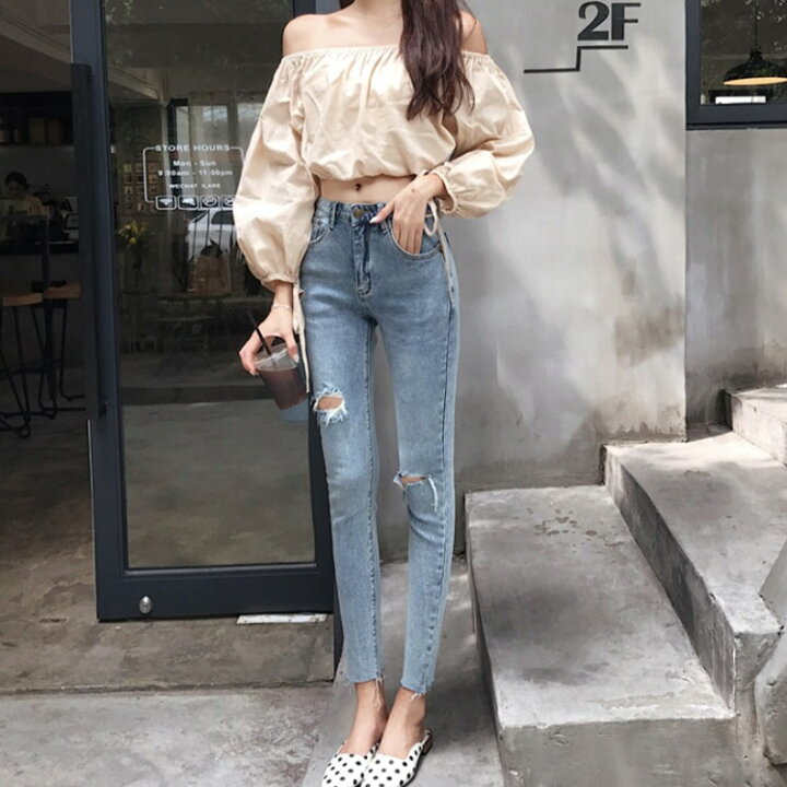 楽天市場 デニムパンツ レディース スキニーパンツ 九分丈 パンツ ｇパン ダメージ加工 女性用 ジーンズ スリム ジーパン ボトムス オシャレ送料無料 Amoremio 楽天市場店