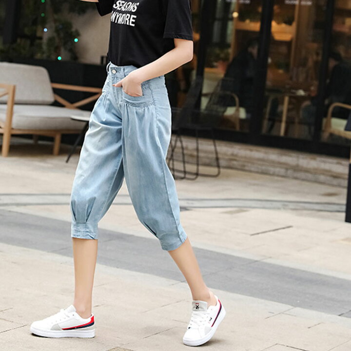 楽天市場 七分丈デニムパンツ レディース クロップド デニムパンツ サルエルパンツ デニム クロップドパンツ 薄手 ハイウエスト ゆったり 可愛い 春 夏 おしゃれ レディース送料無料 Amoremio 楽天市場店