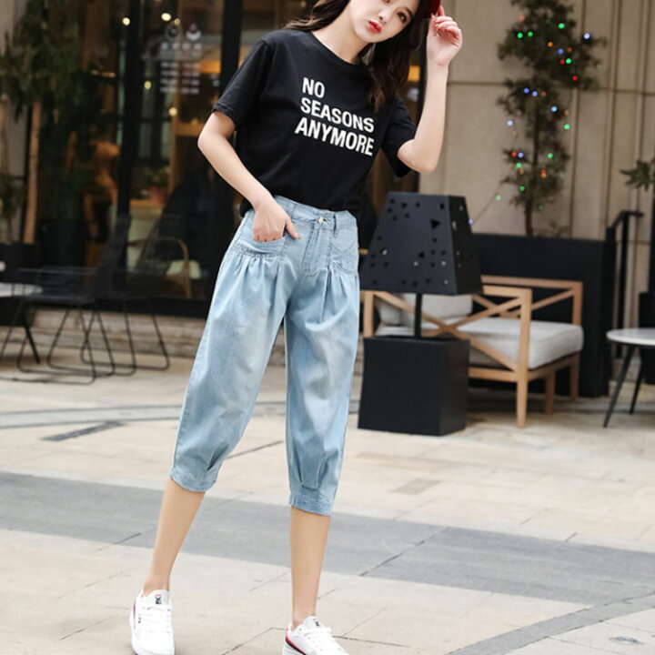 楽天市場 七分丈デニムパンツ レディース クロップド デニムパンツ サルエルパンツ デニム クロップドパンツ 薄手 ハイウエスト ゆったり 可愛い 春 夏 おしゃれ レディース送料無料 Amoremio 楽天市場店
