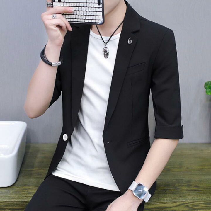 楽天市場 全3種類 5サイズ 7分袖 テーラードジャケット メンズ 綿麻 ジャケット サマージャケット アウター テーラード 麻混 七分袖 スリム ショート丈 春夏 カジュアル Amoremio 楽天市場店