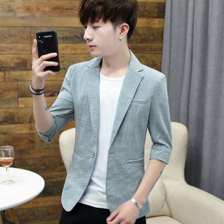 楽天市場 全3種類 5サイズ 7分袖 テーラードジャケット メンズ 綿麻 ジャケット サマージャケット アウター テーラード 麻混 七分袖 スリム ショート丈 春夏 カジュアル Amoremio 楽天市場店