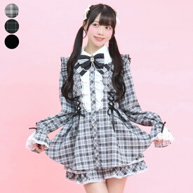 サイドレースアップティアードスリーブセットアップ3/11 12:00 販売スタートsecrethoney　シークレットハニー　シーハニ　量産型　レディース　ガーリー　長袖　無地　チェック　グレー　ブラック　黒