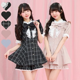 アクセサリーリボンレースフリル半袖セットアップ4/10 12:00 販売スタートsecrethoney　シークレットハニー　シーハニ　量産型　レディース　ガーリー　無地　チェック　ブラック　黒　ピンク　グレー
