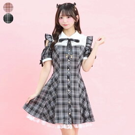 ビスチェ切替肩開きワンピース4/3 12:00 販売スタートsecrethoney　シークレットハニー　シーハニ　量産型　レディース　ガーリー　半袖　チェック　ピンク　ブラック　黒