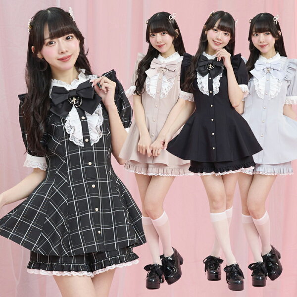 アクセサリーリボンレースフリル半袖セットアップ 5/2 12:00 ピンク再入荷 4/10 12:00 販売スタート secrethoney　シークレットハニー　シーハニ　量産型　地雷系　双子コーデ　参戦服　レディース　可愛い　無地　チェック　ブラック　黒　ピンク　グレー