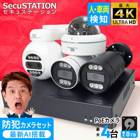 官公庁採用 監視カメラセット 【 最大4K 800万画素 】 屋外 家庭用 業務用 防犯カメラ 1~4台 セット PoE 有線 録画装置 ネット不要 高画質 AI検知 人検知 車両検知 警報 暗視 防犯灯 夜間カラー 24時間 常時録画 パソコン対応 最大8TB HDD 1年保証 XZ48(A)K【 SecuSTATION 】
