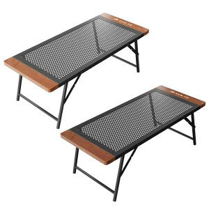 SUN-YE 折り畳み キャンプテーブル アウトドア メッシュデザイン 木製エッジ 焚き火 コンロ置き クーラーボックススタンド対応 専用収納袋付き