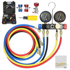 マニホールドゲージセット 空調冷媒充電ツール 4ウェイデュアル値圧力計 5フィートホース付き 真鍮製クイックカプラーアダプター R22/R134a/R410a冷媒用